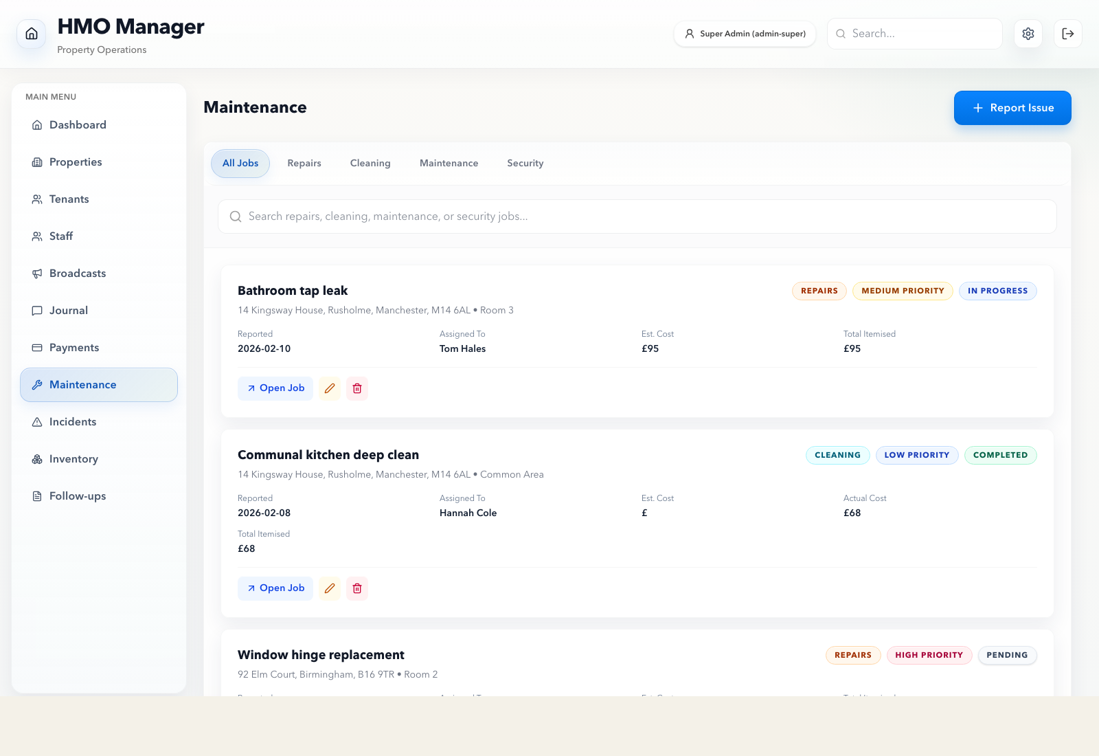 Maintenance workflow
